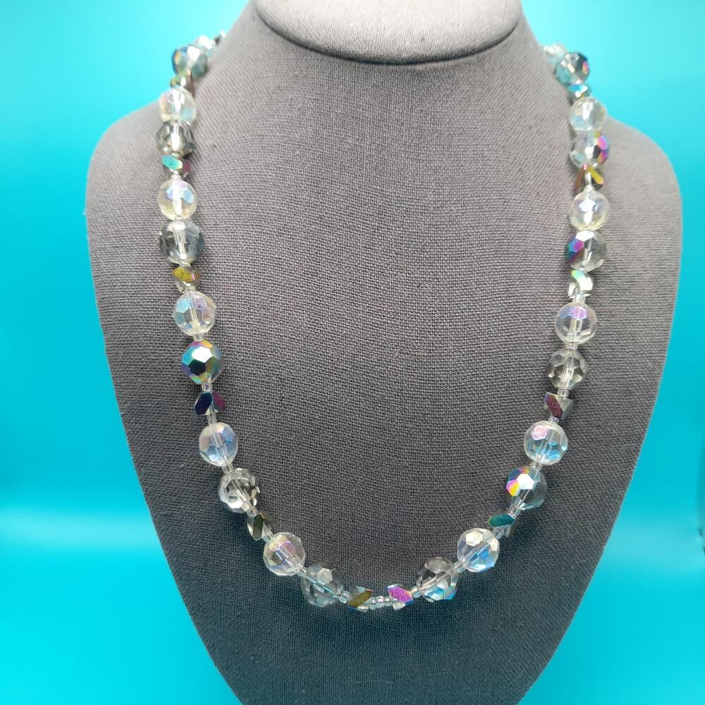 Vintage Coro Crystal Bead Necklace AB Glass 26in Silver Tone 60s